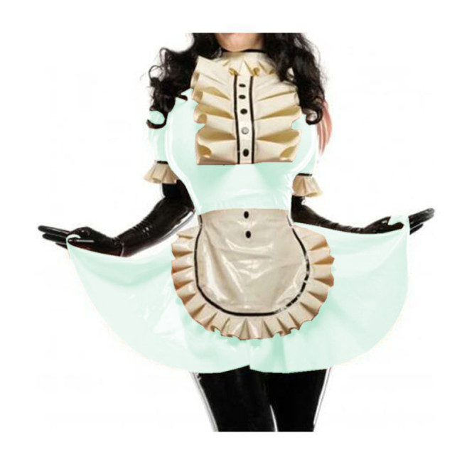 Men Women Shiny PVC French Maid Dress Short Puff Sleeve Apron with Large Ruffles Trims Maid Dress Faux Leather Cosplay Costumes