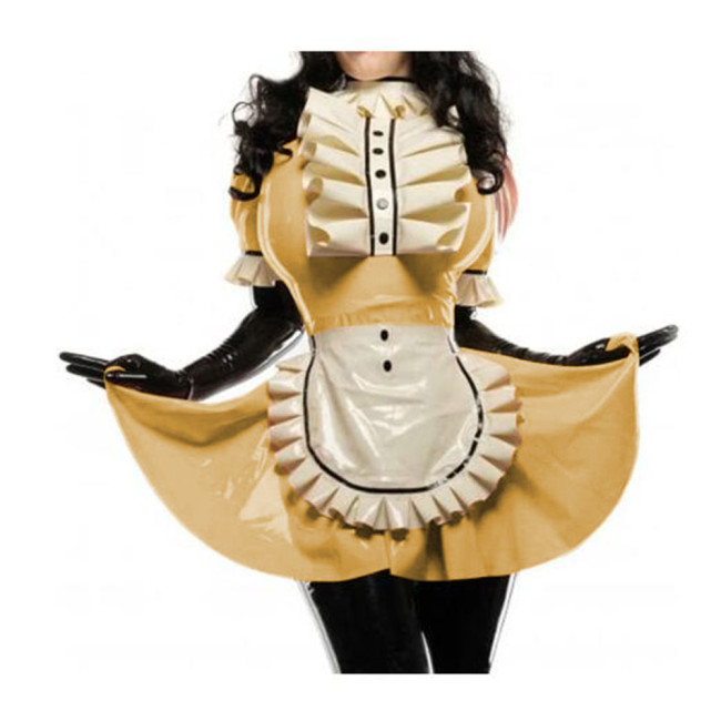 Men Women Shiny PVC French Maid Dress Short Puff Sleeve Apron with Large Ruffles Trims Maid Dress Faux Leather Cosplay Costumes