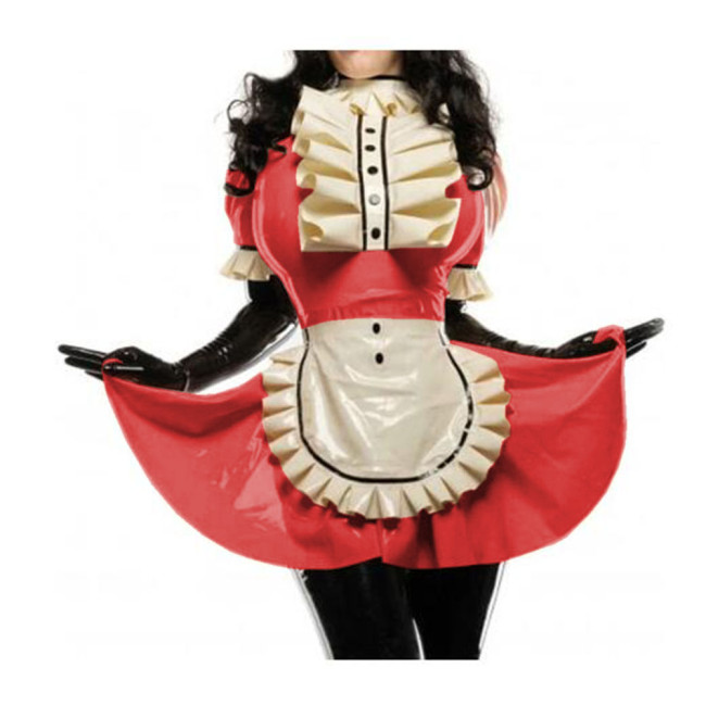 Men Women Shiny PVC French Maid Dress Short Puff Sleeve Apron with Large Ruffles Trims Maid Dress Faux Leather Cosplay Costumes