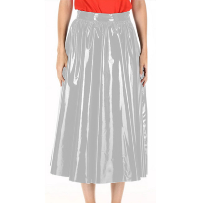 Shiny PVC Leather Pleated Full Skirt Fashion High Waist Party Skirts Ankle Length A-Line Skirts Solid Color Casual Clubwear