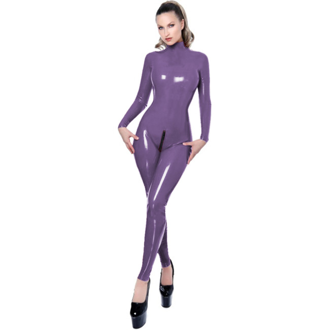 Women Men Glossy PVC Leather Jumpsuit Sexy Turtleneck Long Sleeve Zipper Crotch Body Suit Catsuit Pole Dancing Costumes Clubwear