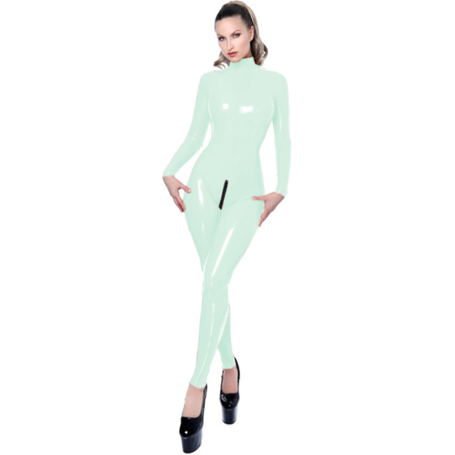 Women Men Glossy PVC Leather Jumpsuit Sexy Turtleneck Long Sleeve Zipper Crotch Body Suit Catsuit Pole Dancing Costumes Clubwear