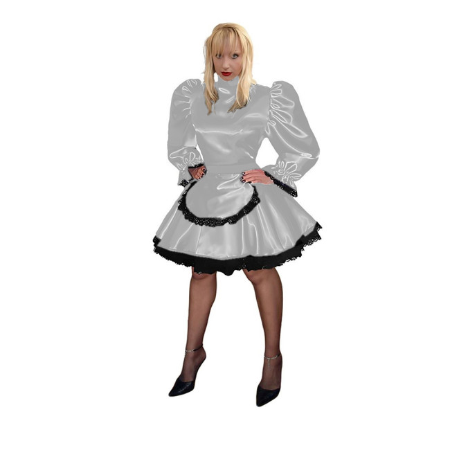 French Maid Apron Dress Shinny High Neck Long Puff Sleeves Faux Leather Dress Sexy Lolita Sweet Cosplay Uniform Outfit Vintage