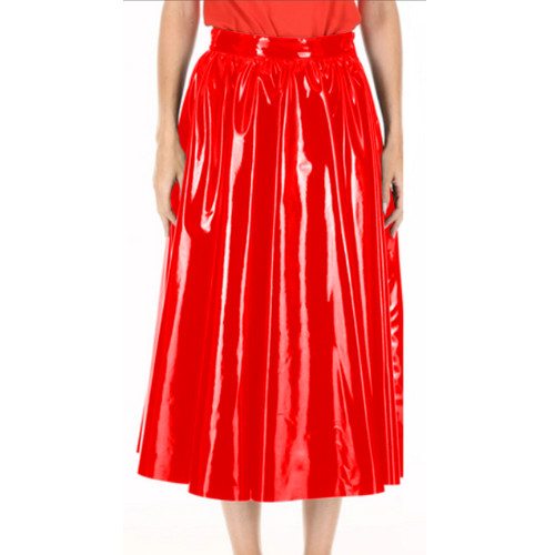 Shiny PVC Leather Pleated Full Skirt Fashion High Waist Party Skirts Ankle Length A-Line Skirts Solid Color Casual Clubwear