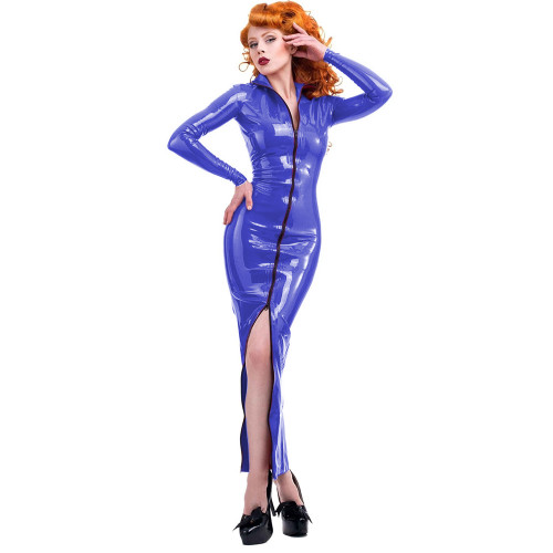 S-7XL Sexy Faux Leather PVC Bodycon Sheath Bandage Stand Collar Slim Dress Front Zip Long Sleeve Maxi Dresses Party Club Evening