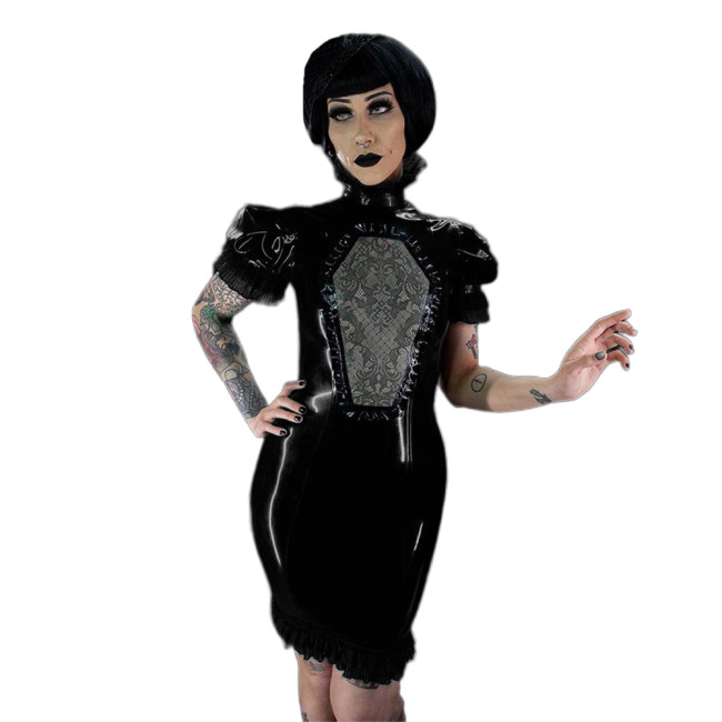Gothic Punk PVC Bodycon Mini Pencil Dress High Neck Short Sleeve Ruffle Cutout Dress Wet Look Faux Leather Dance Dress Clubwear