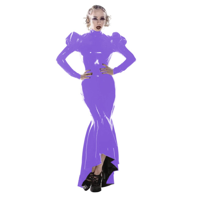 Party Club Wear Maxi Dresses for Women Sexy Evening Gown Shiny PVC Leather High Neck Long Puff Sleeve High Low Mermaid Dress