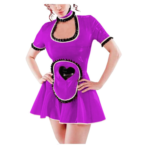 Sexy Lolita Exotic Maid Costumes High Neck Short Sleeve Frills PVC Maid Dress Apron with Hearts Trims Fancy Cosplay Maid Dress