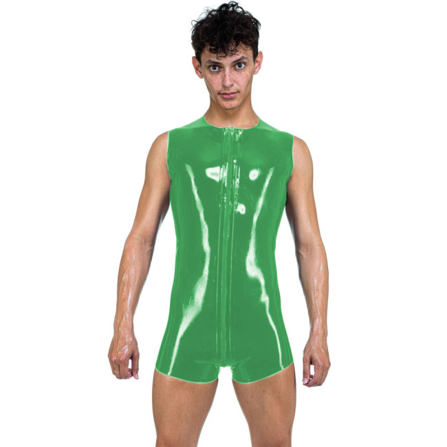 Mens Sexy Latex Look Bodysuit Surfsuit Front To Back Crotch Zipper Sleeveless PVC Catsuit O Neck Tank Zentai Summer Camis Romper