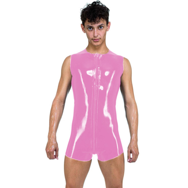 Mens Sexy Latex Look Bodysuit Surfsuit Front To Back Crotch Zipper Sleeveless PVC Catsuit O Neck Tank Zentai Summer Camis Romper