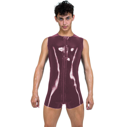 Mens Sexy Latex Look Bodysuit Surfsuit Front To Back Crotch Zipper Sleeveless PVC Catsuit O Neck Tank Zentai Summer Camis Romper