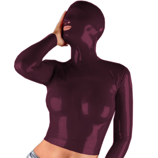 Woman's Masked Hooded Long Slevees T-Tops Sexy PVC Leather Back Zipper Stretch Slim Tops  Nightclub Halloween Cosplay Costume