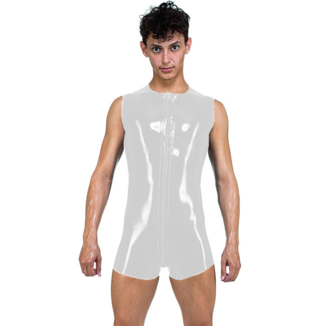 Mens Sexy Latex Look Bodysuit Surfsuit Front To Back Crotch Zipper Sleeveless PVC Catsuit O Neck Tank Zentai Summer Camis Romper