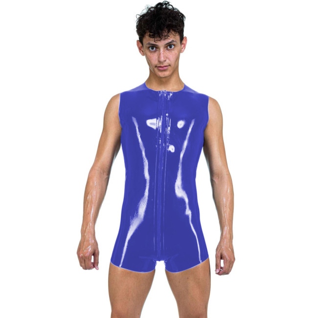 Mens Sexy Latex Look Bodysuit Surfsuit Front To Back Crotch Zipper Sleeveless PVC Catsuit O Neck Tank Zentai Summer Camis Romper