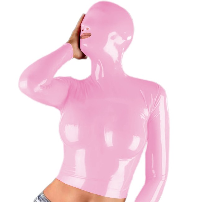 Woman's Masked Hooded Long Slevees T-Tops Sexy PVC Leather Back Zipper Stretch Slim Tops  Nightclub Halloween Cosplay Costume
