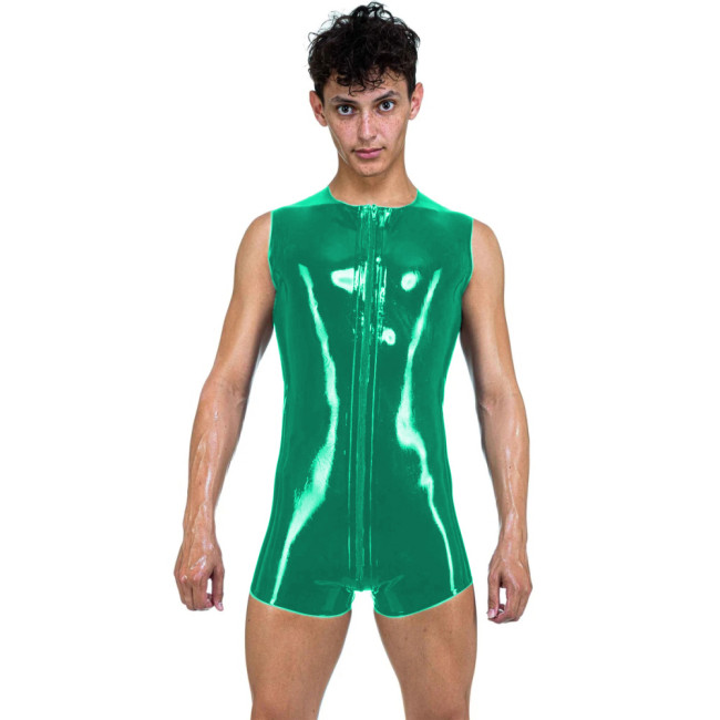Mens Sexy Latex Look Bodysuit Surfsuit Front To Back Crotch Zipper Sleeveless PVC Catsuit O Neck Tank Zentai Summer Camis Romper