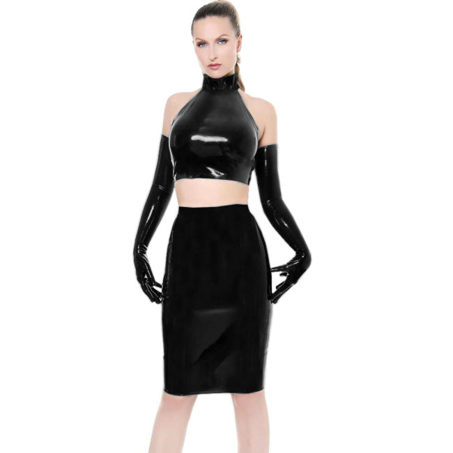 Sexy Crop Top Sleeveless Halter Backless Tops High Waist Pencil Midi Skirt With Half Mitten Gloves Lingerie for Womens Erotic