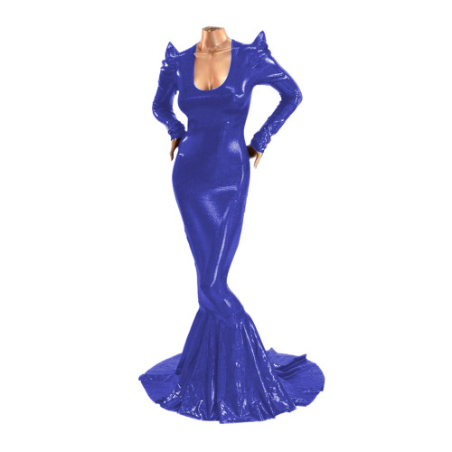 Shiny Metallic Women Elegant Dress Bodycon Maxi Dress Long Sleeve Scoop Neck Mermaid Dress Formal Party Evening Banquet Prom 7XL