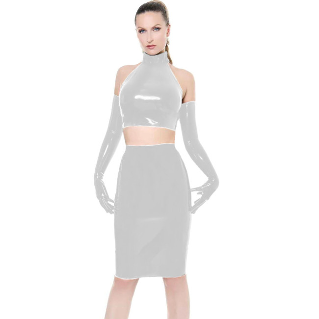Sexy Crop Top Sleeveless Halter Backless Tops High Waist Pencil Midi Skirt With Half Mitten Gloves Lingerie for Womens Erotic
