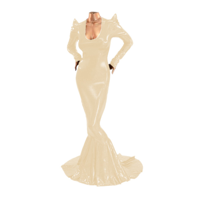 Shiny Metallic Women Elegant Dress Bodycon Maxi Dress Long Sleeve Scoop Neck Mermaid Dress Formal Party Evening Banquet Prom 7XL
