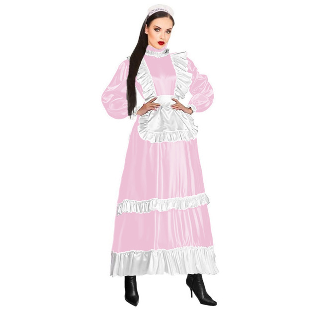 High Qualities French Maid Faux Latex Long Dress Puff Long Sleeves Apron with Trims Frills PVC Uniform Sissy Cosplay Clubwear
