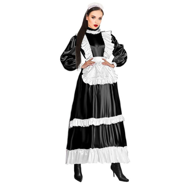 High Qualities French Maid Faux Latex Long Dress Puff Long Sleeves Apron with Trims Frills PVC Uniform Sissy Cosplay Clubwear