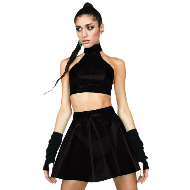 Fetish Plastic Dress Sets Summer Clear PVC Sleeveless Hanging Neck Crop Top High Waist Short A-line Skirts Rave Carnival Outfit