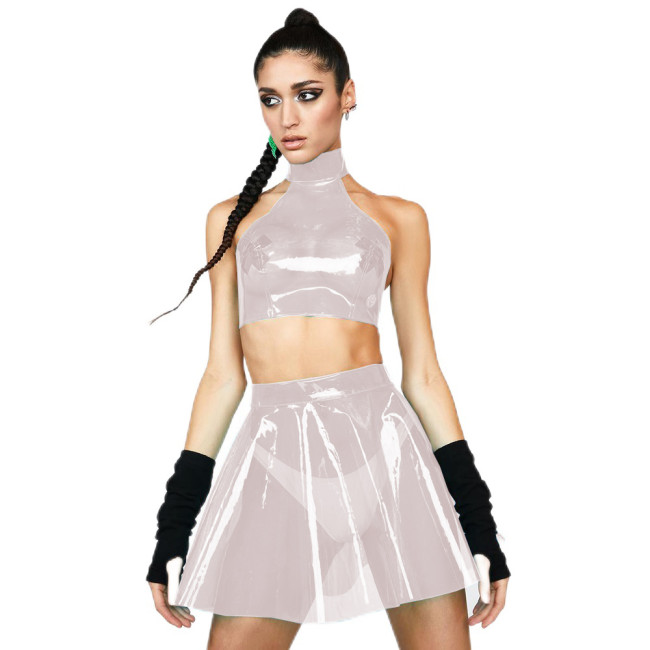 Fetish Plastic Dress Sets Summer Clear PVC Sleeveless Hanging Neck Crop Top High Waist Short A-line Skirts Rave Carnival Outfit