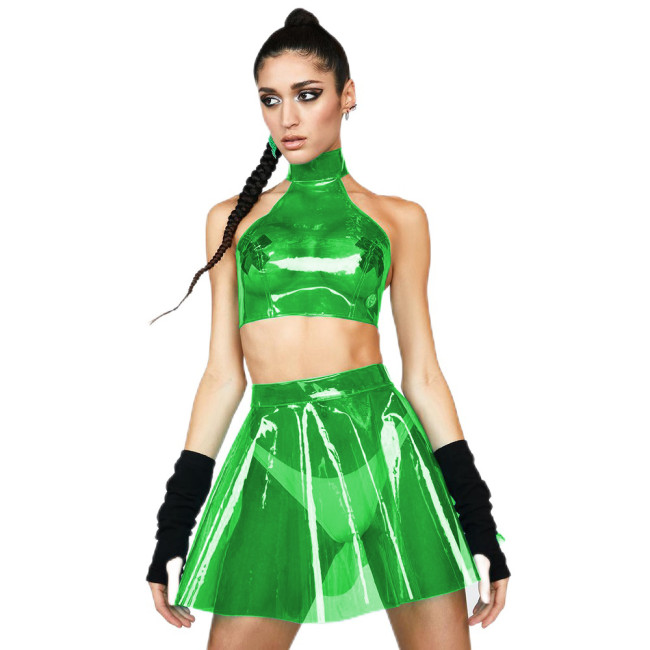 Fetish Plastic Dress Sets Summer Clear PVC Sleeveless Hanging Neck Crop Top High Waist Short A-line Skirts Rave Carnival Outfit