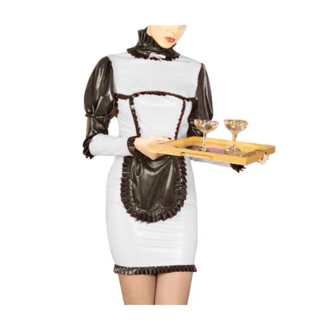 French Maid Dress Women High Neck Long Puff Sleeves Ruffles Hem Bodycon Sheath Slim Mini Dress With Apron Cosplay Costumes S-7XL
