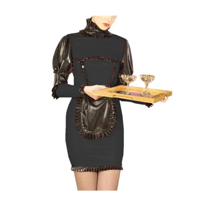 French Maid Dress Women High Neck Long Puff Sleeves Ruffles Hem Bodycon Sheath Slim Mini Dress With Apron Cosplay Costumes S-7XL