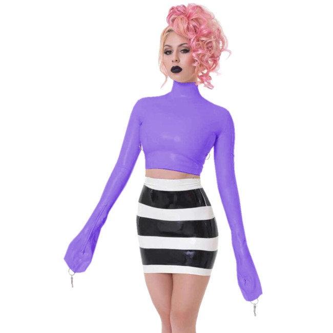 Sexy Crop Tops Full Sleeve With Finger High Neck Slim Skinny Leather PVC Short Shirts Vinyl Sexy Top With Lock Key Club Night