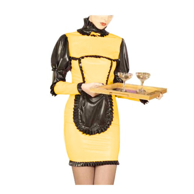 French Maid Dress Women High Neck Long Puff Sleeves Ruffles Hem Bodycon Sheath Slim Mini Dress With Apron Cosplay Costumes S-7XL