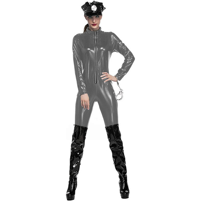 Women Shiny Patent Leather Bodysuit Vinyl Metallic Stand Collar Catsuit Long sleeve Zentai Cosplay Costume Front Zipper Jumpsuit