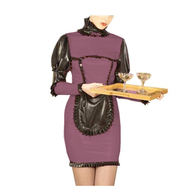 French Maid Dress Women High Neck Long Puff Sleeves Ruffles Hem Bodycon Sheath Slim Mini Dress With Apron Cosplay Costumes S-7XL