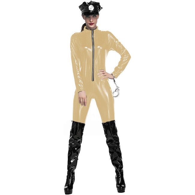 Women Shiny Patent Leather Bodysuit Vinyl Metallic Stand Collar Catsuit Long sleeve Zentai Cosplay Costume Front Zipper Jumpsuit
