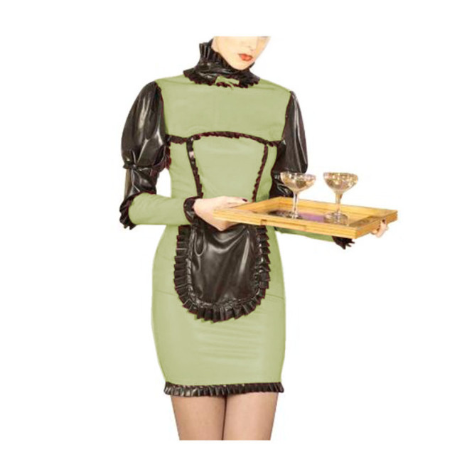 French Maid Dress Women High Neck Long Puff Sleeves Ruffles Hem Bodycon Sheath Slim Mini Dress With Apron Cosplay Costumes S-7XL