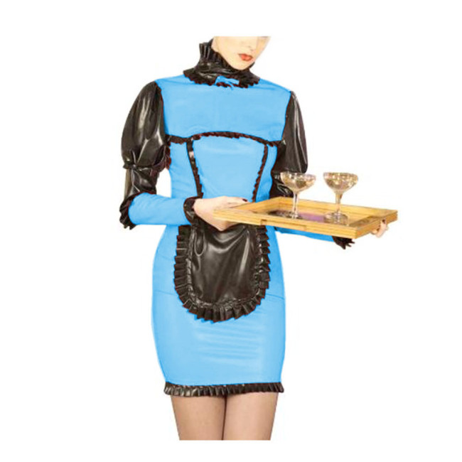 French Maid Dress Women High Neck Long Puff Sleeves Ruffles Hem Bodycon Sheath Slim Mini Dress With Apron Cosplay Costumes S-7XL
