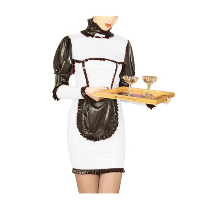 French Maid Dress Women High Neck Long Puff Sleeves Ruffles Hem Bodycon Sheath Slim Mini Dress With Apron Cosplay Costumes S-7XL