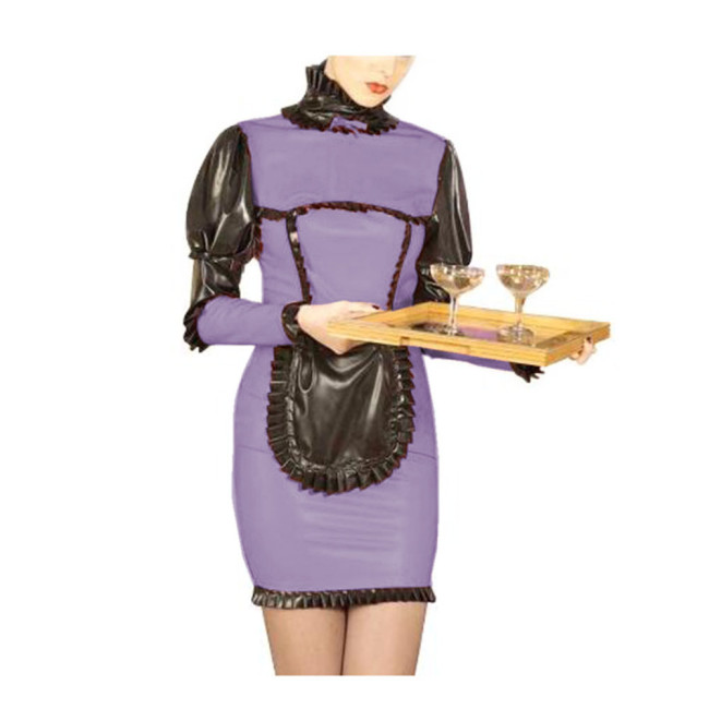 French Maid Dress Women High Neck Long Puff Sleeves Ruffles Hem Bodycon Sheath Slim Mini Dress With Apron Cosplay Costumes S-7XL