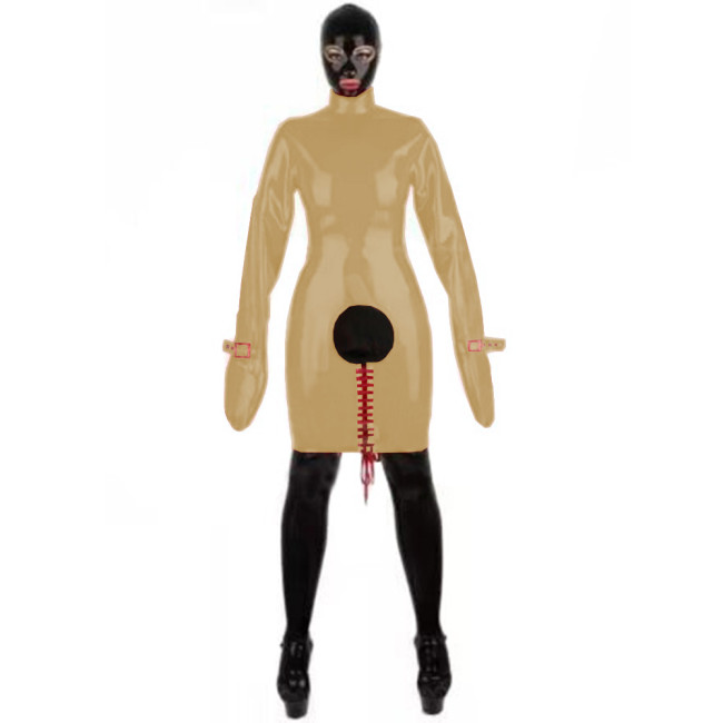 Fetish PVC Leather Sexy Slave Spanking Dress Turtleneck Long Bondage Sleeve Open Crotch Bodycon Dress Adult Game Erotic Dress