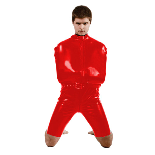 Men Wet Look PVC Leather Wrap Catsuit Sissy Exotic Costume Mock Neck Bondage Bodysuit Open Crotch with Belt Jumpsuit Clubwear