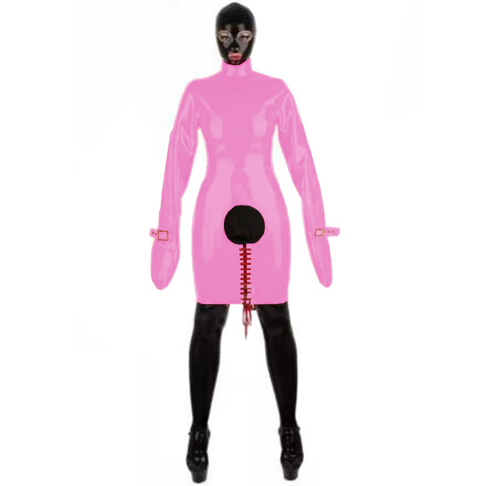 Fetish PVC Leather Sexy Slave Spanking Dress Turtleneck Long Bondage Sleeve  Open Crotch Bodycon Dress Adult