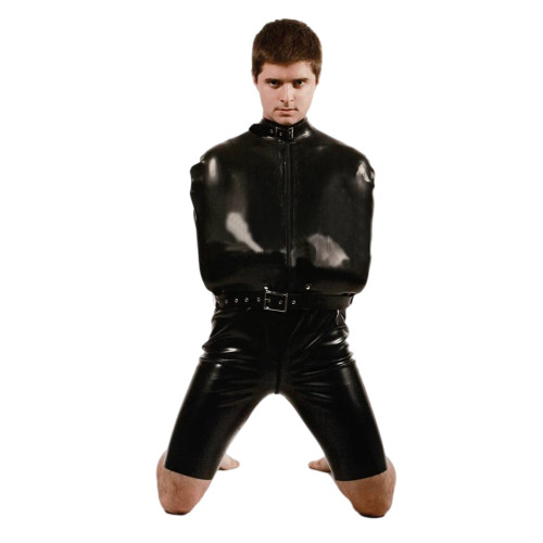 Men Wet Look PVC Leather Wrap Catsuit Sissy Exotic Costume Mock Neck Bondage Bodysuit Open Crotch with Belt Jumpsuit Clubwear