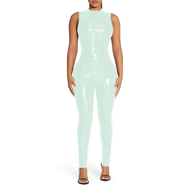 Sexy Wet Look PVC Sleeveless Jumpsuit Shiny Patent Leather O-neck Bodycon Tank Catsuit Ladies Stretch Slim Rompers Clubwear