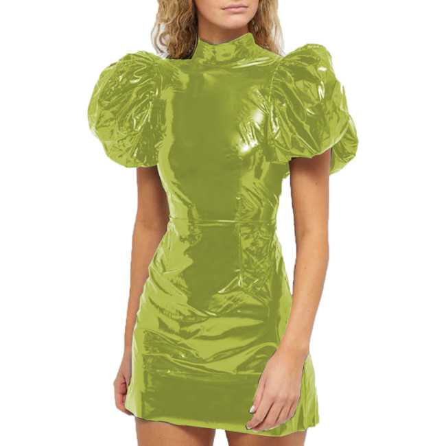 Summer Club Fashion Party Wetlook Women PVC Leather Big Puff Short Sleeve Dresses Slim Bodycon Mini Dress Evening Dresses 7XL