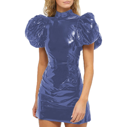 Summer Club Fashion Party Wetlook Women PVC Leather Big Puff Short Sleeve Dresses Slim Bodycon Mini Dress Evening Dresses 7XL