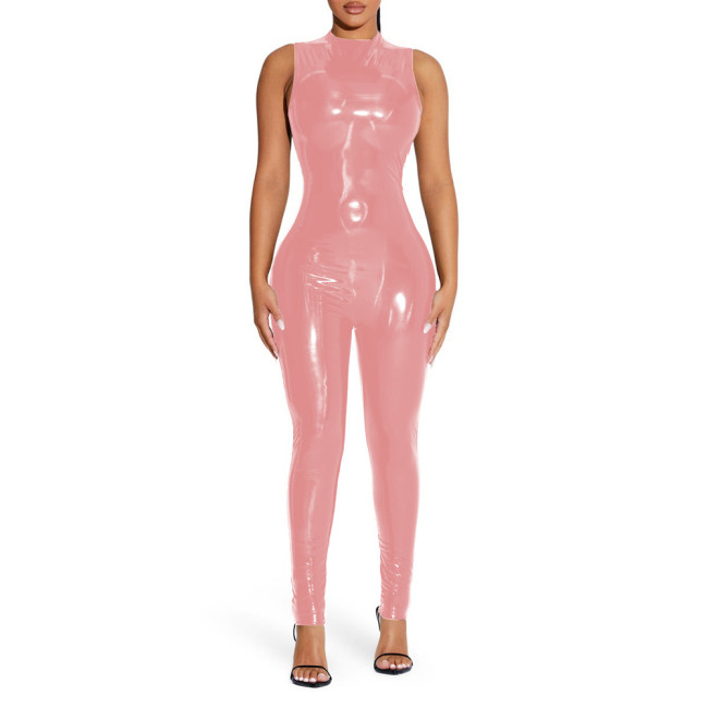 Sexy Wet Look PVC Sleeveless Jumpsuit Shiny Patent Leather O-neck Bodycon Tank Catsuit Ladies Stretch Slim Rompers Clubwear
