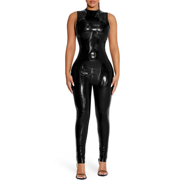 Sexy Wet Look PVC Sleeveless Jumpsuit Shiny Patent Leather O-neck Bodycon Tank Catsuit Ladies Stretch Slim Rompers Clubwear