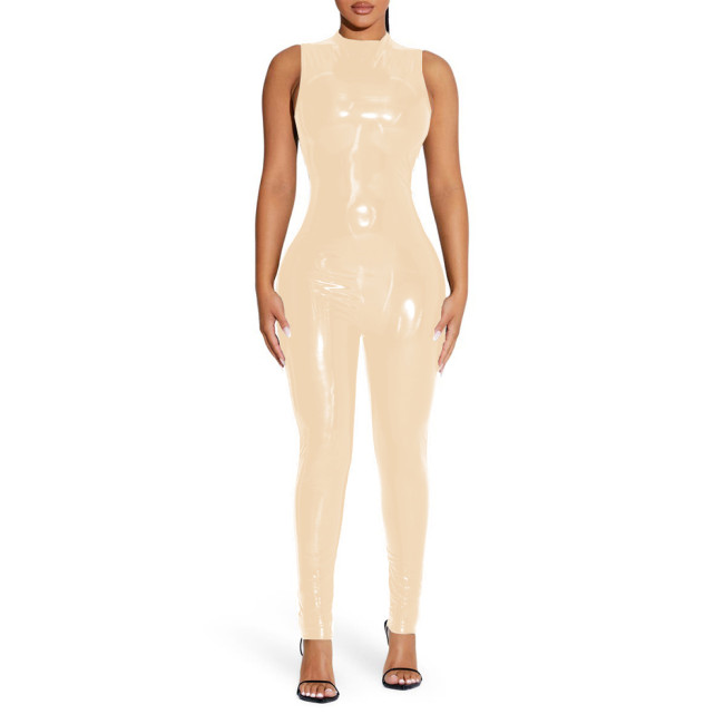 Sexy Wet Look PVC Sleeveless Jumpsuit Shiny Patent Leather O-neck Bodycon Tank Catsuit Ladies Stretch Slim Rompers Clubwear